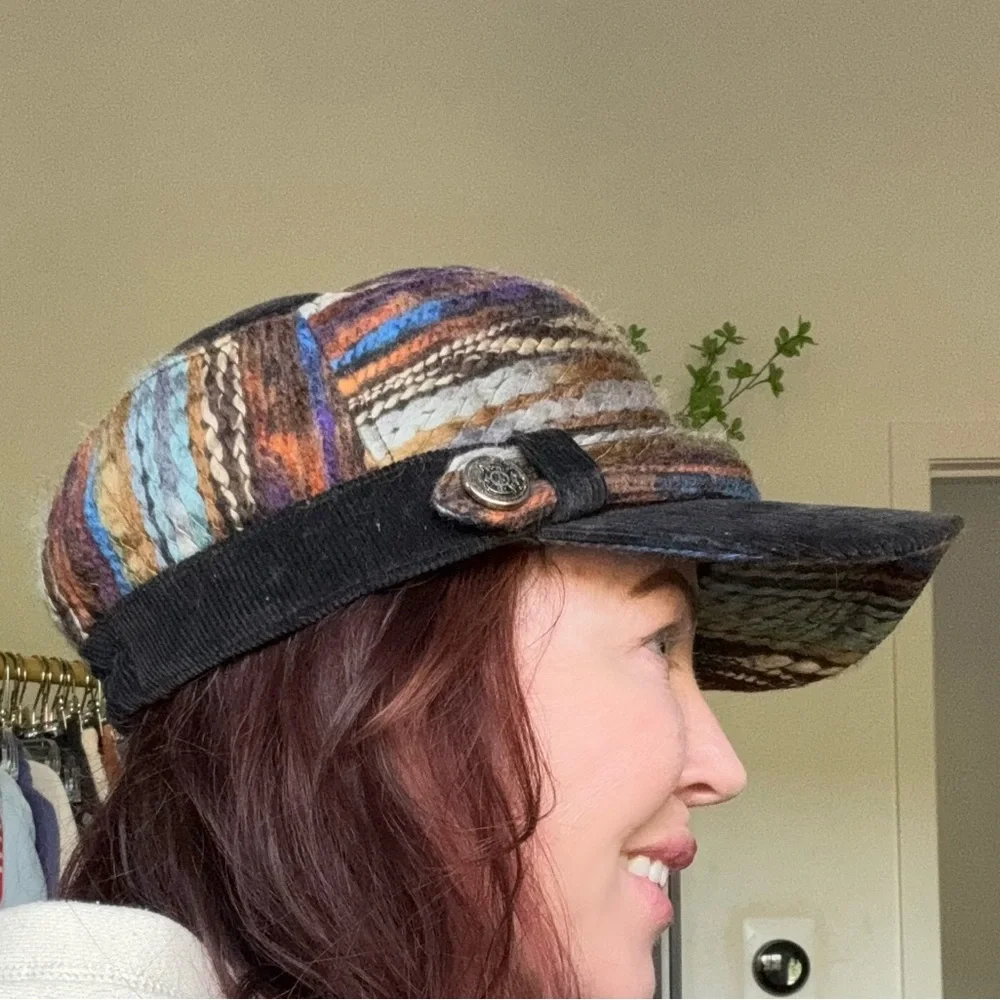Y2K 2000s Adora Woven Yarn Rainbow Striped Black Corduroy Military Cap Hat